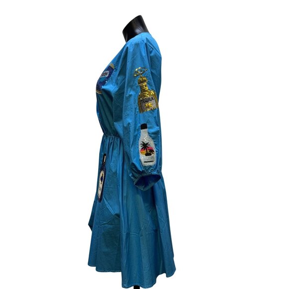 NWT Why Blue Sequin Patch Dress With Vodka & Gin Bottle Motifs S - Picture 4 of 7